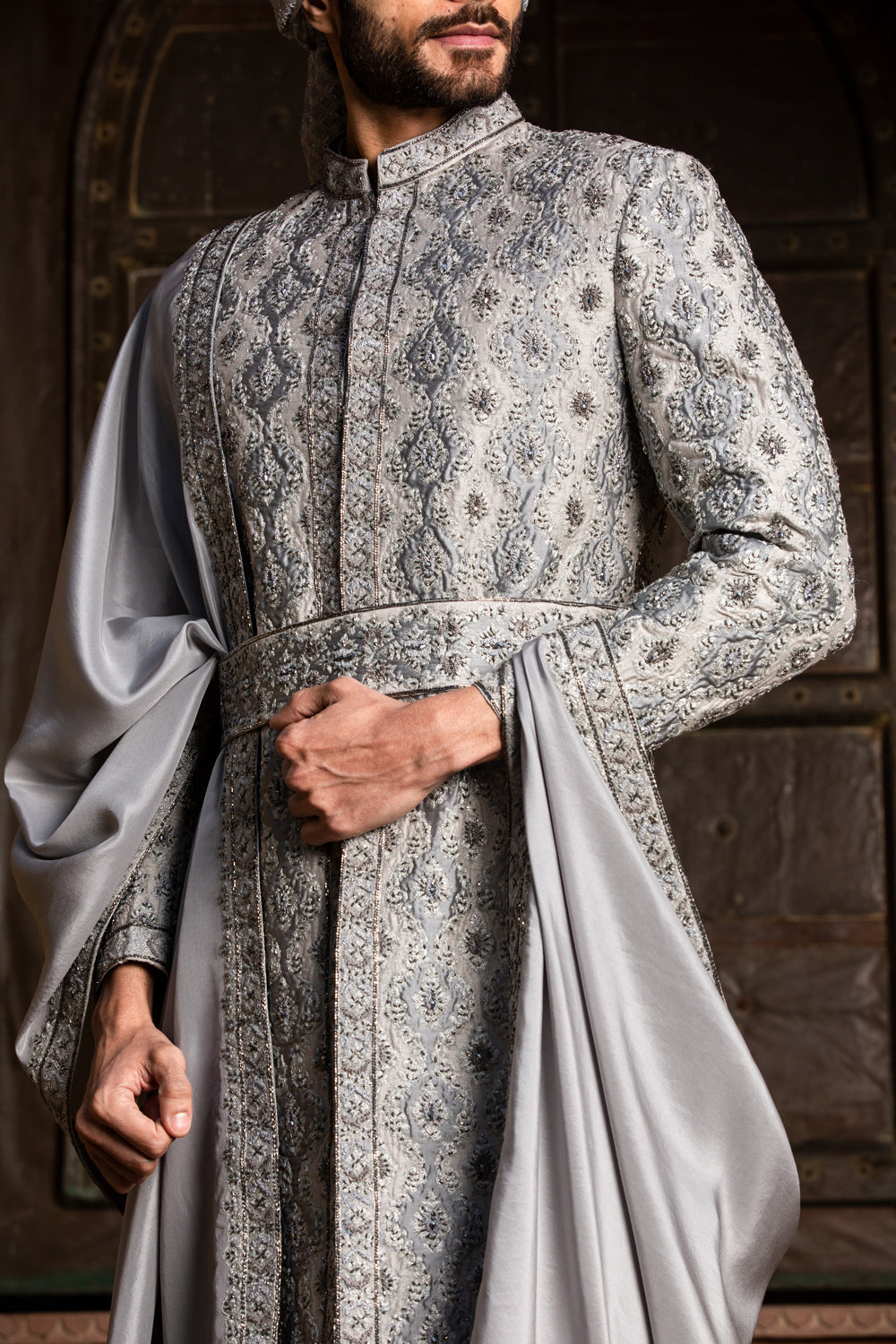Grey Dupioni Silk Applique Embroidered Achkan and Belt with Monga Kurta and Churidar