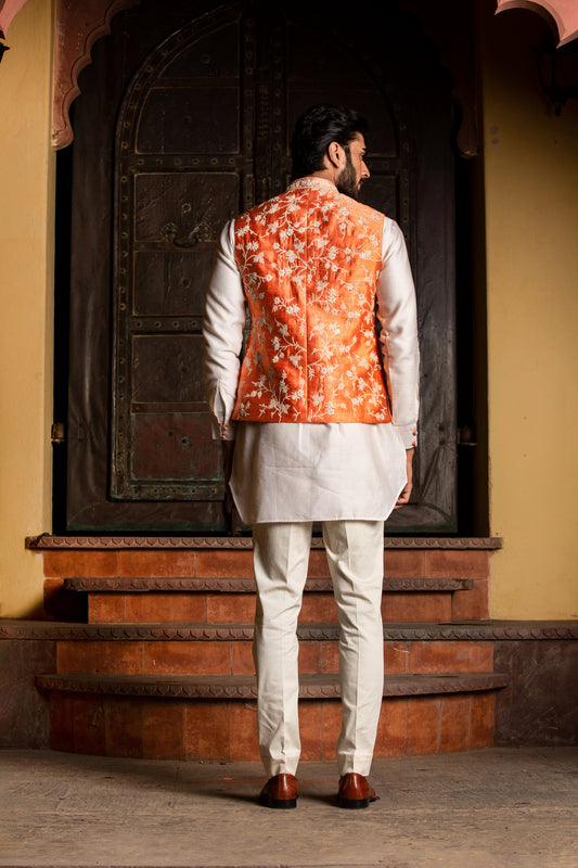 Orange Raw Silk Embroidered &nbsp;Nehru Jacket with Kurta &amp; Pant