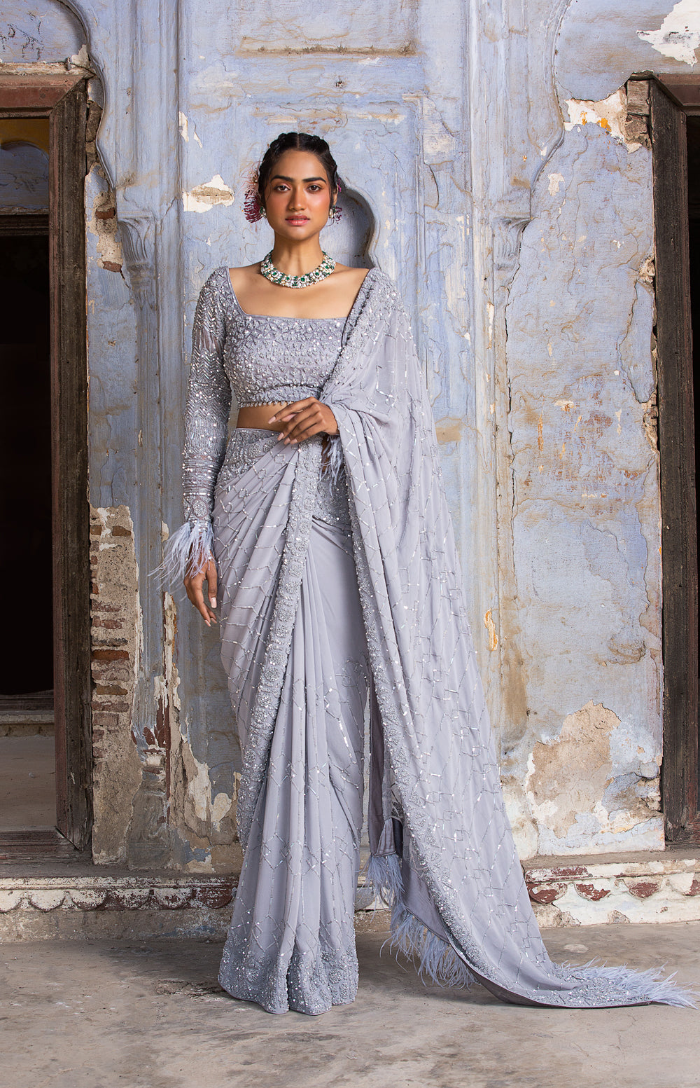 Grey Sequins Georgette Saree