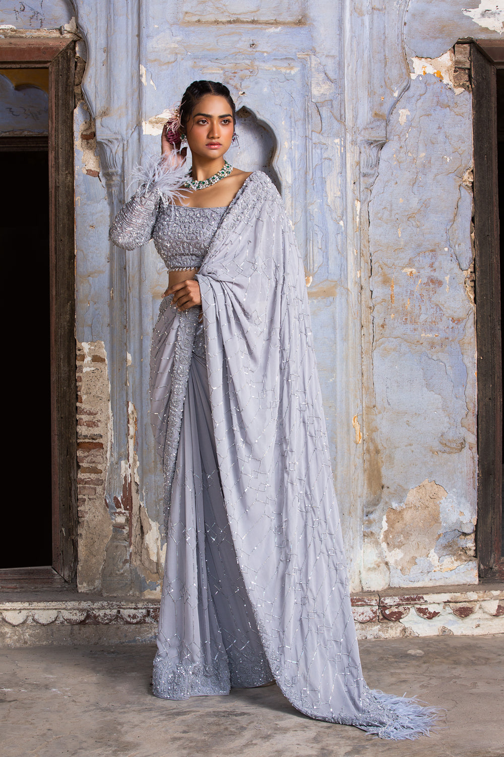 Grey Sequins Georgette Saree