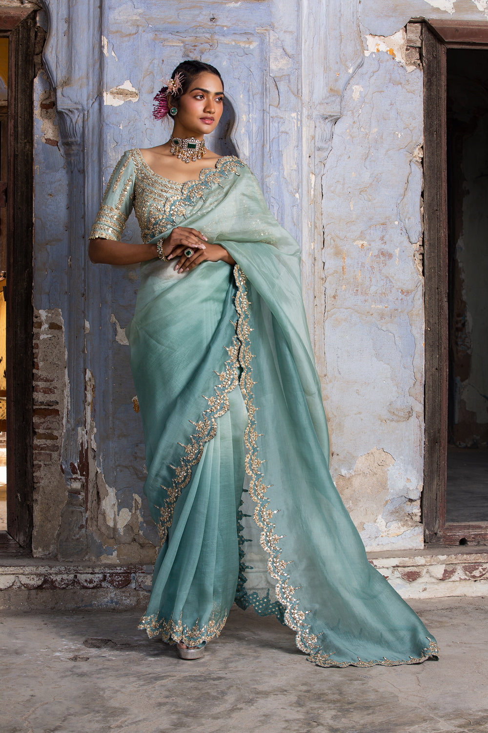 Jade Green Ombre Organza Saree