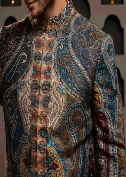 Jamawar Achkan Beige Kurta Trouser