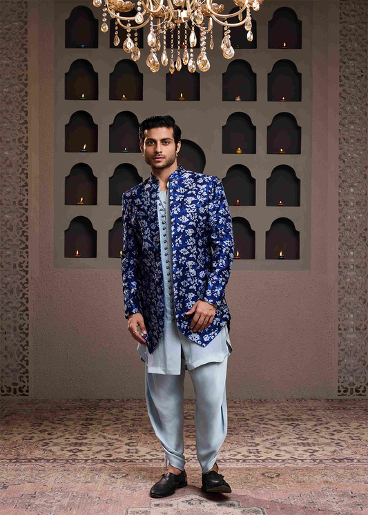 Indigo Printed Long Jacket Kurta Dhoti