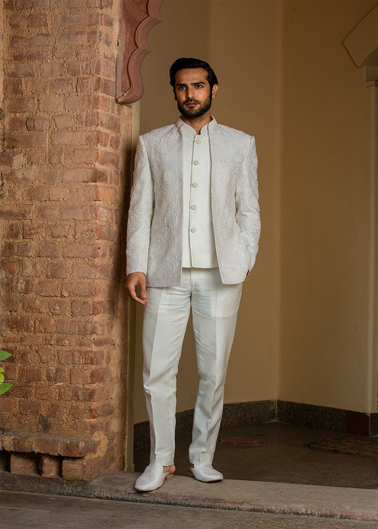 Ivory Raw Silk Short Embroidered Jacket with vest and Pant