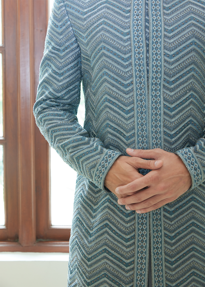 Pewter Grey Matka Embroidered Short Sherwani with Kurta and Trouser