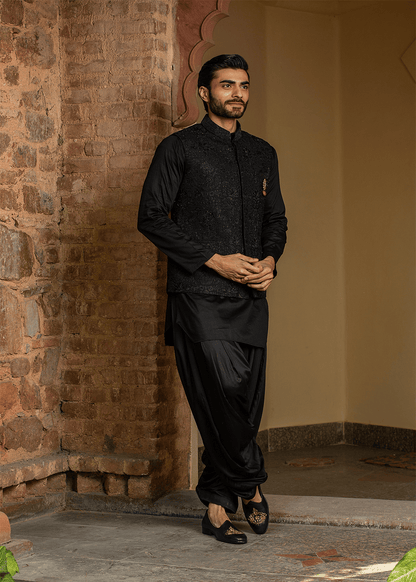 Black Kurta Salwar with Raw Silk All Over Embroidered Nehru Jacket