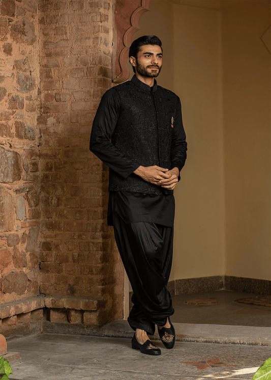 Black Kurta Salwar with Raw Silk All Over Embroidered Nehru Jacket