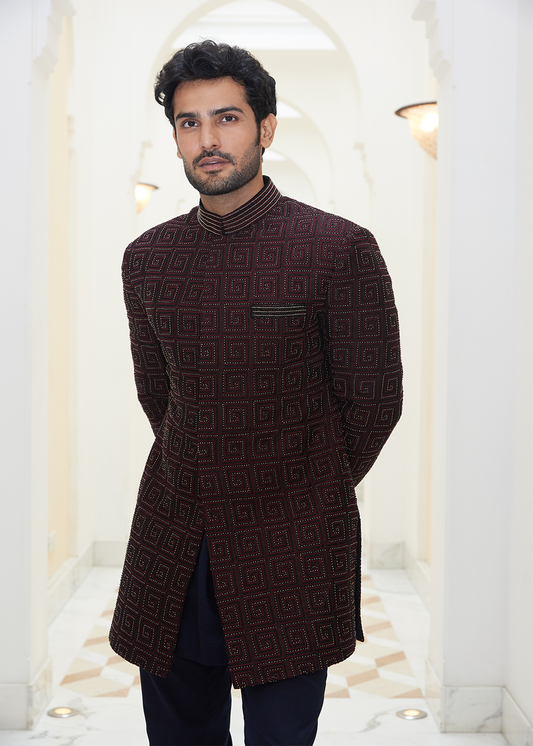Burgundy Raw Silk  EmbroideredShort Sherwani with Kurta and Salwar