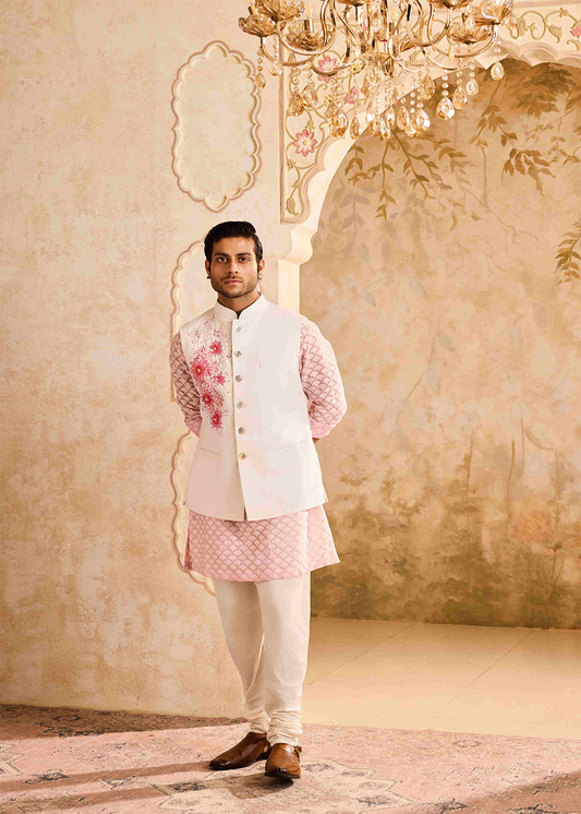 Ivory Floral Bundi Pink Kurta Churidar