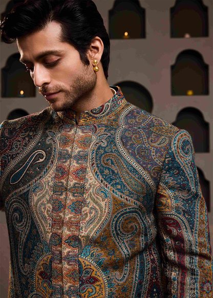Jamawar Achkan Beige Kurta Trouser