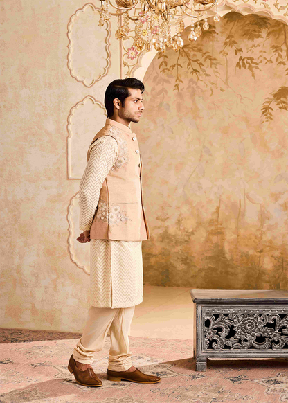 Beige Floral Bundi Jacket Kurta Churidar