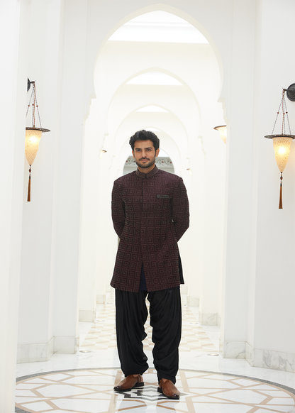 Burgundy Raw Silk  EmbroideredShort Sherwani with Kurta and Salwar