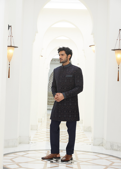 Midnight Blue Embroidered Velvet Short Sherwani with Kurta and Trouser