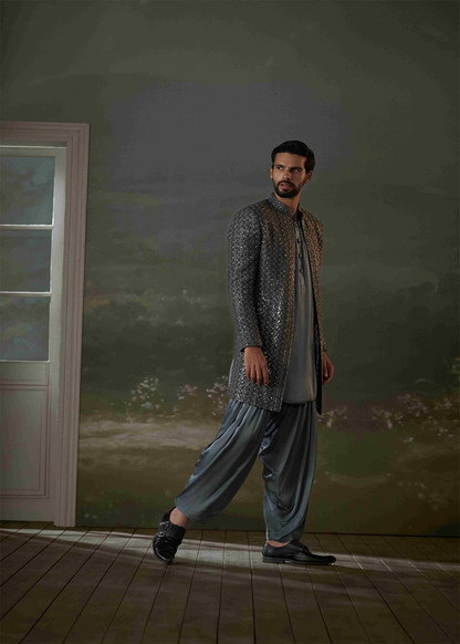 Grey Open Jacket with Kurta and Salwar