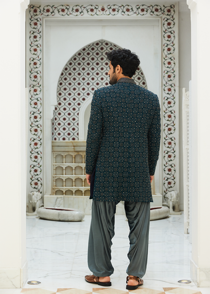 Teal Blue Raw Silk Short Sherwani with Gunmetal Grey Kurta & Salwar