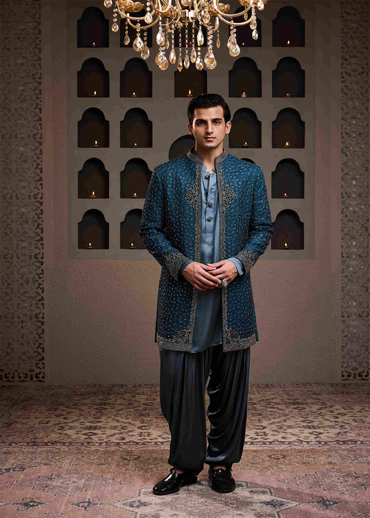 Teal Jacket Kurta Patiyala Salwar