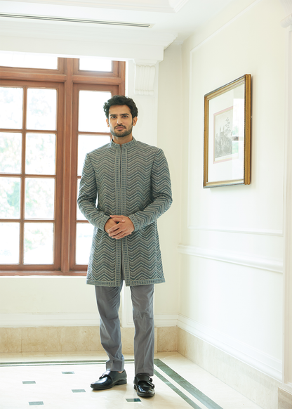 Pewter Grey Matka Embroidered Short Sherwani with Kurta and Trouser