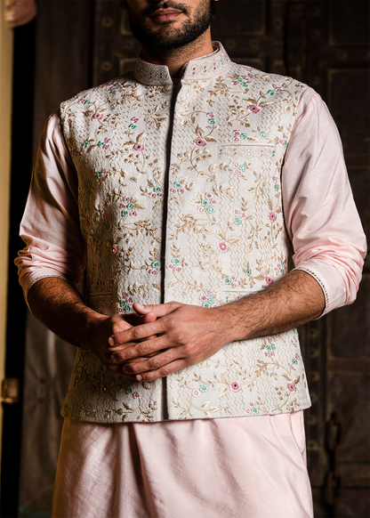Cream Matka Embroidered Jacket&nbsp; with Blush Pink Kurta &amp; Churidar