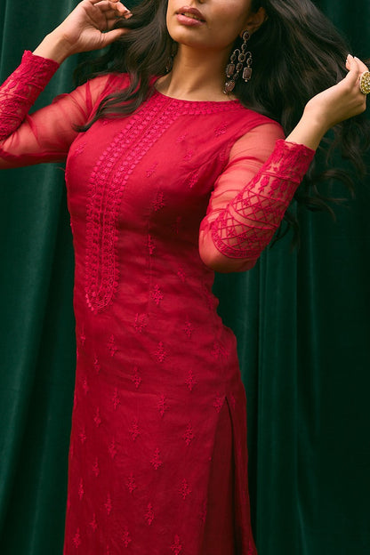 Caramine Pink Organza Thread Work Kurti And Sharara Set