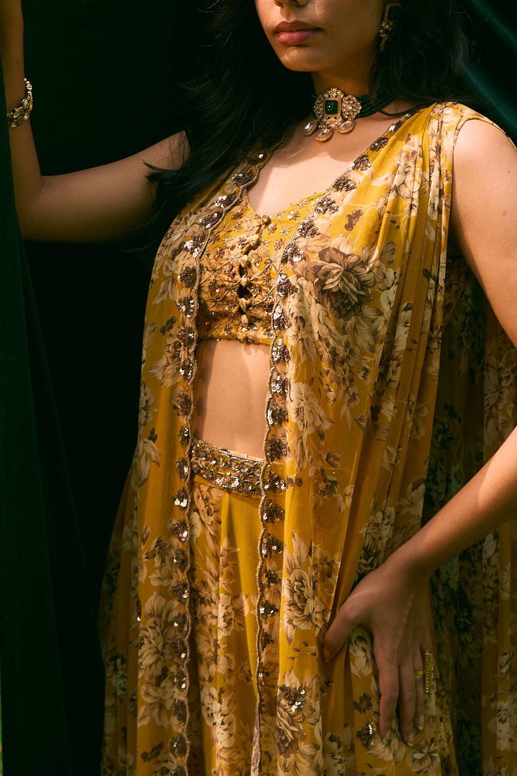 Mustard Floral Cape With Flared Pants