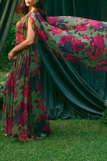 Mehendi Green Chiffon Floral Flare Pant And Cape Set
