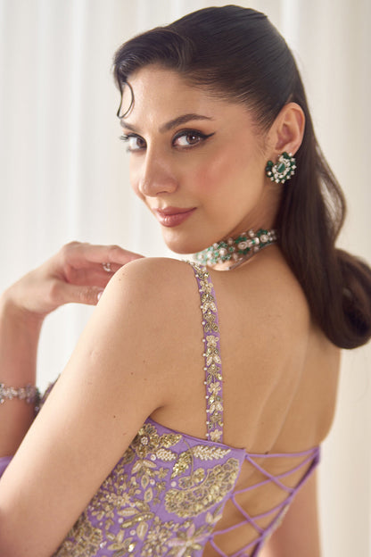Lavender Pre Stitched Saree With Corset
