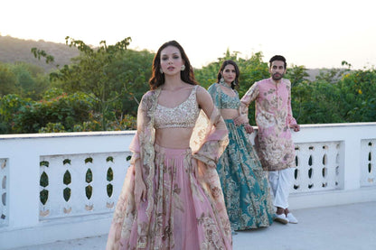 Pink Organza Floral Lehenga Set