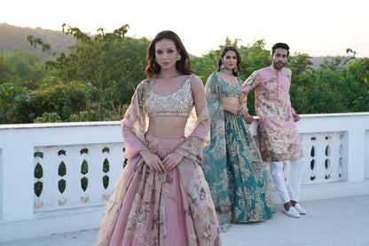 Pink Organza Floral Lehenga Set