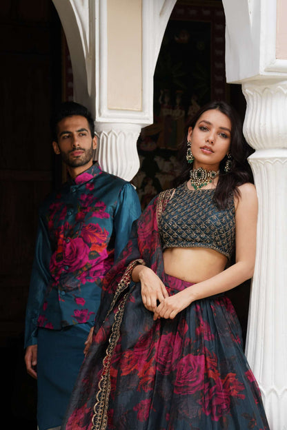 Teal Blue Floral Lehenga Set
