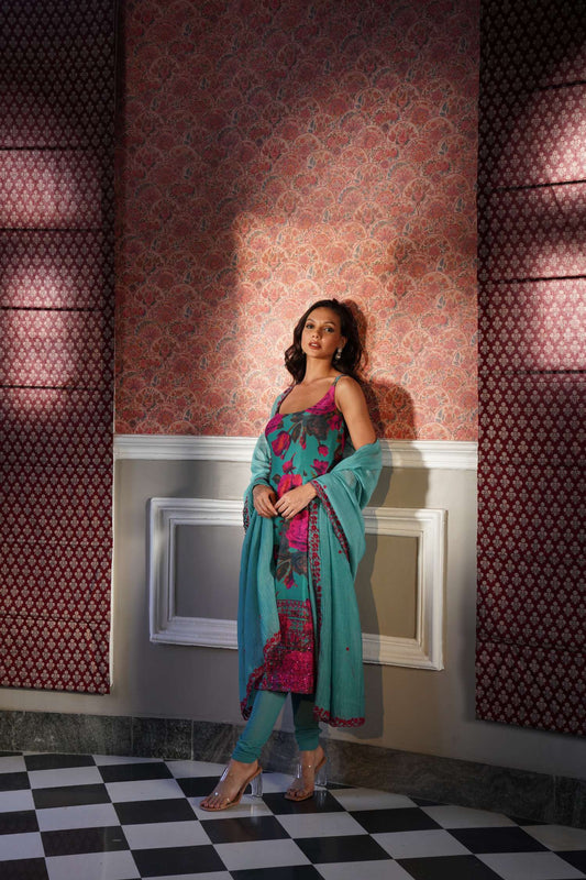 Sky Blue Floral Kurti Set