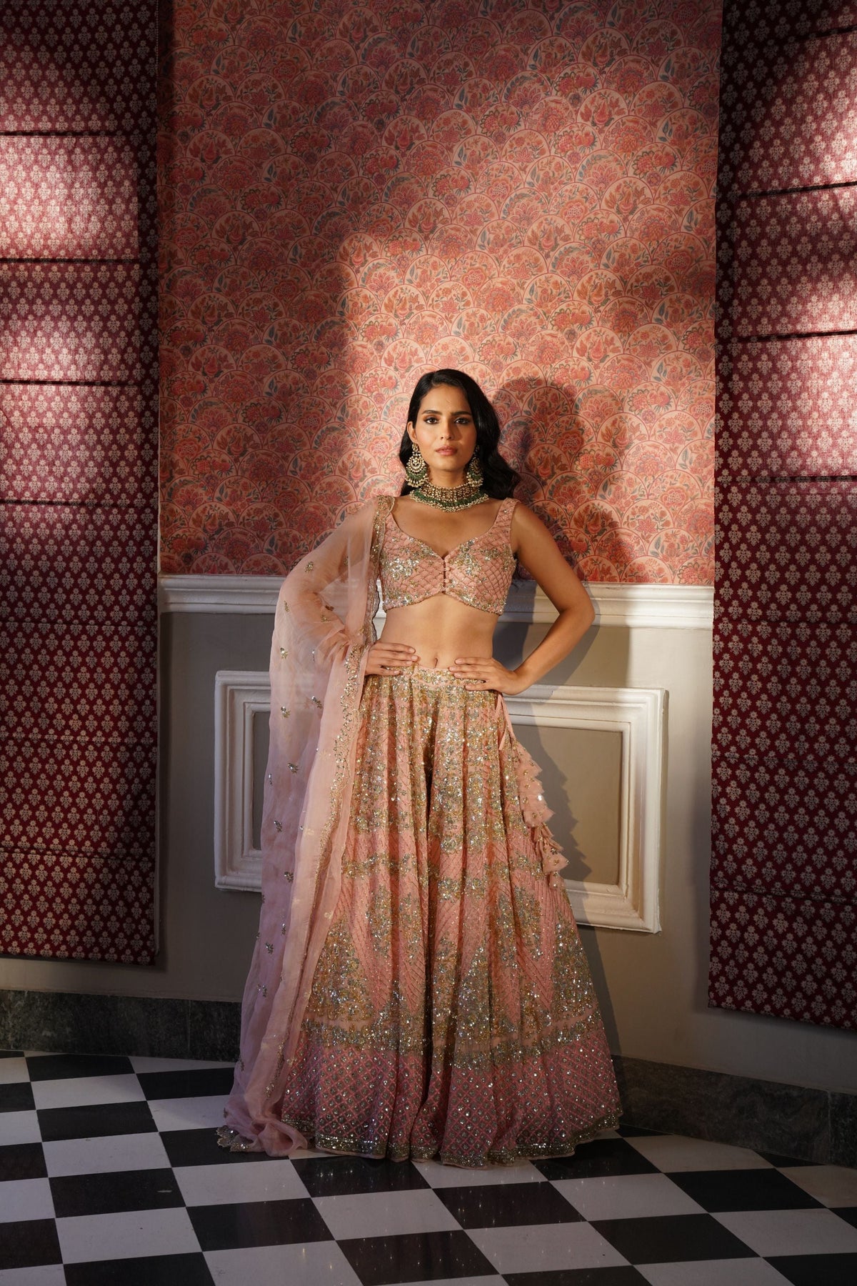Peach Pink Organza Bridal Lehenga Set