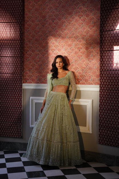 Green Organza Jaal Work Lehenga Set