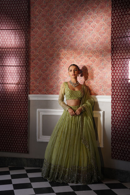 Mint Green Organza Line Work Lehenga Set