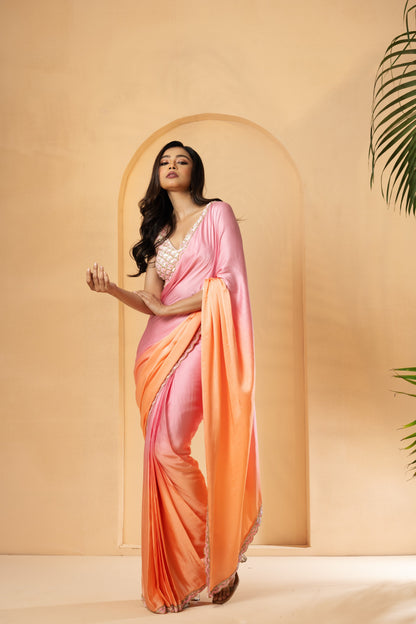 Pink-Peach Ombré Pre-Stitched Drape Saree