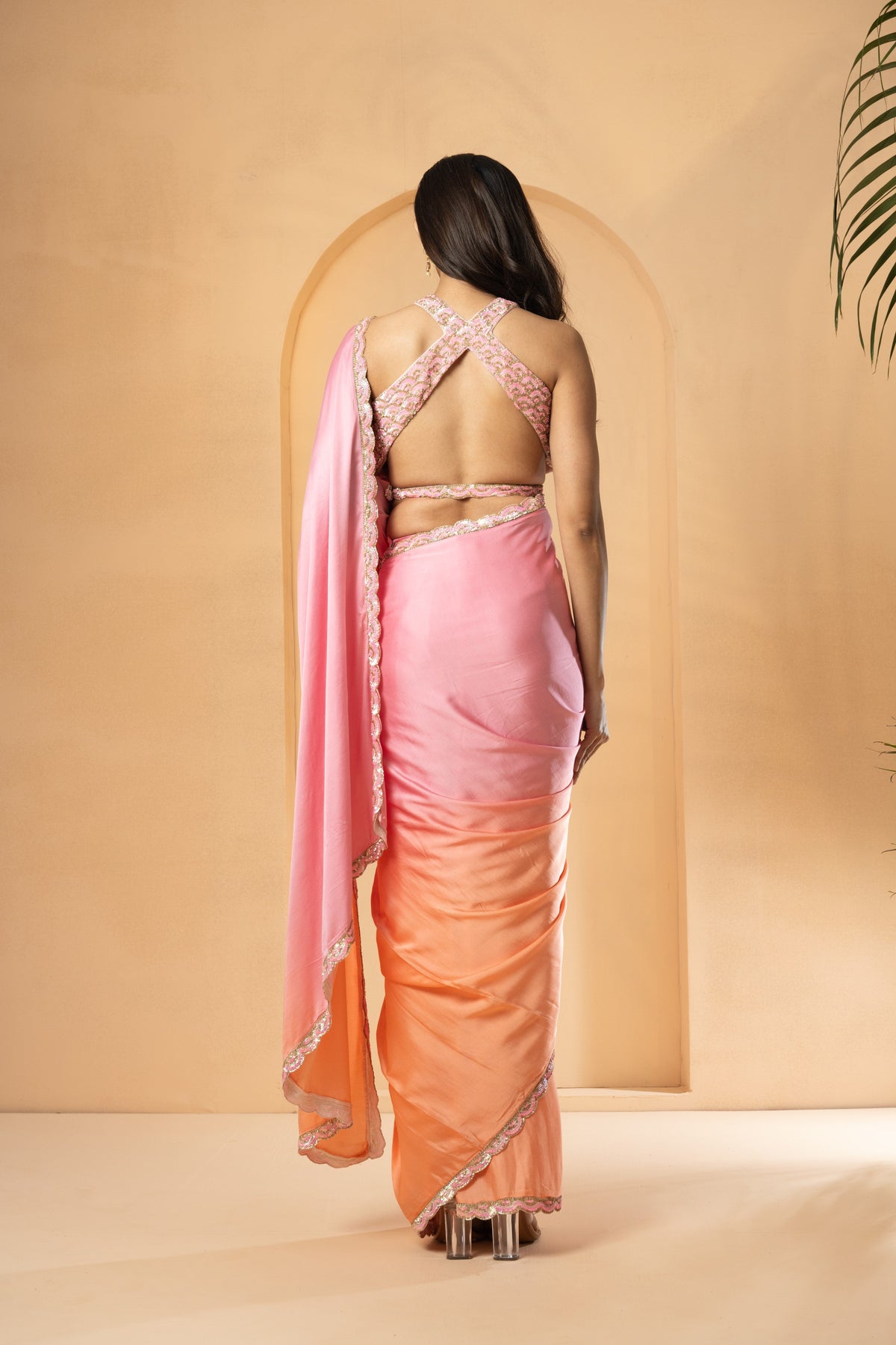 Pink-Peach Ombré Pre-Stitched Drape Saree