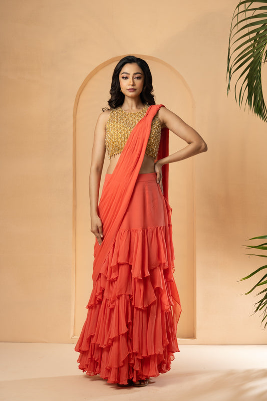 Peach Pre-Stitched Ruffle Saree with Designer Embroidery