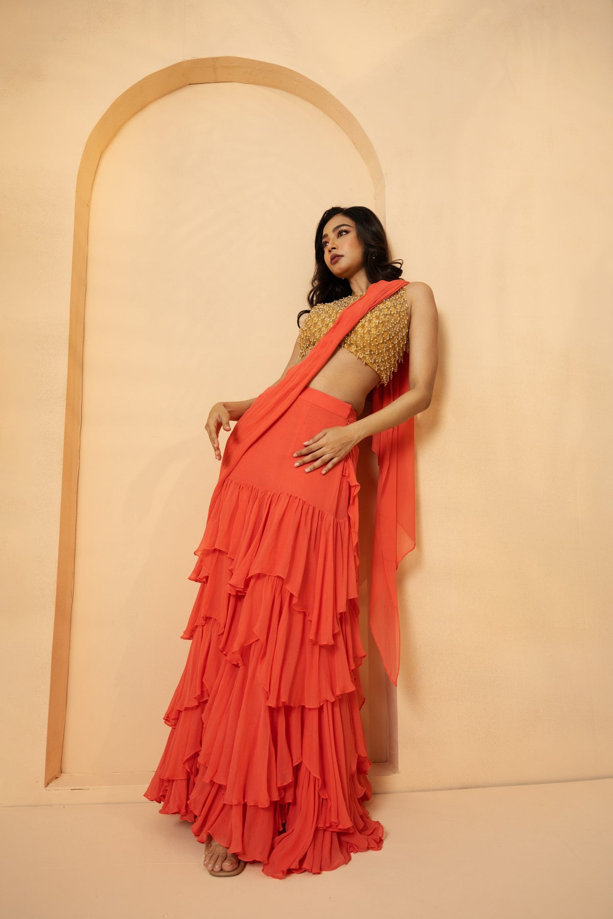 Peach Pre-Stitched Ruffle Saree with Designer Embroidery