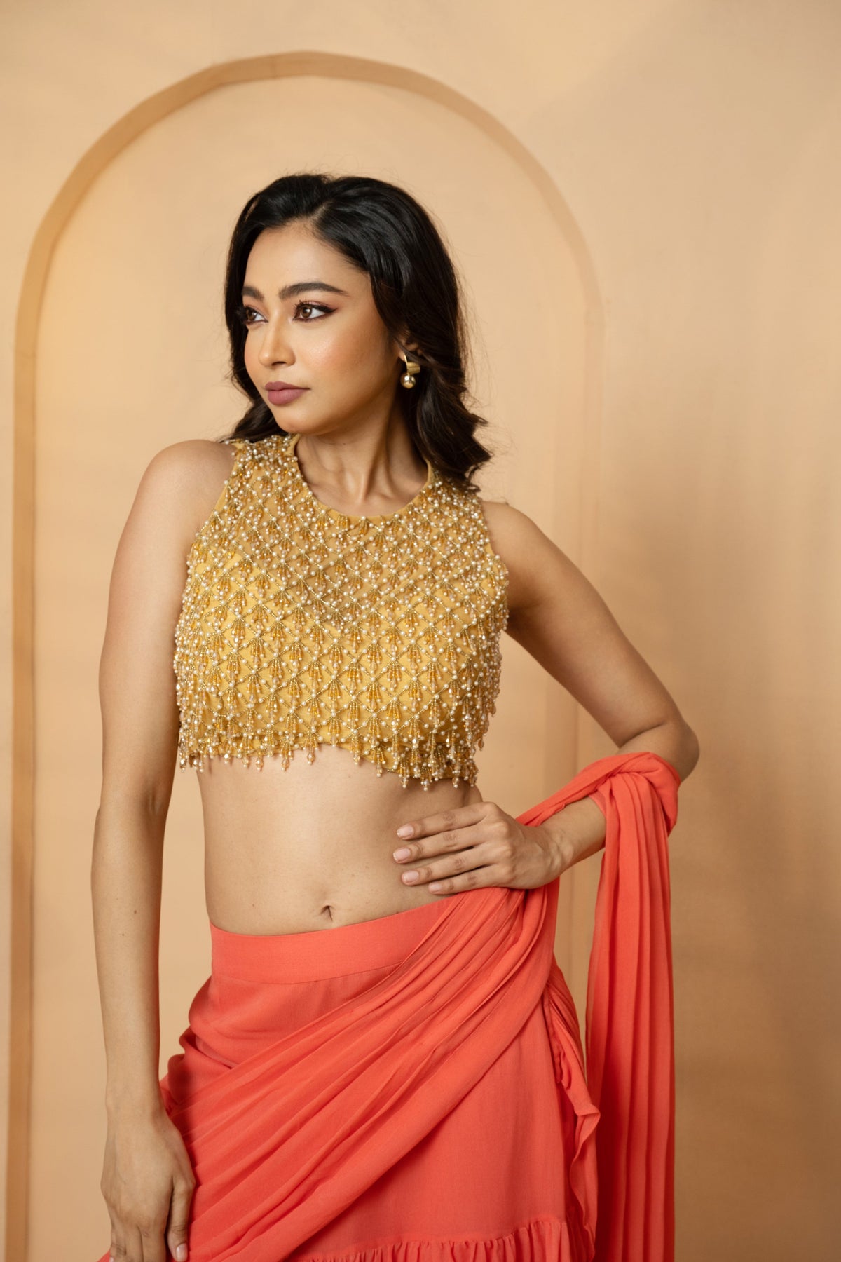 Peach Pre-Stitched Ruffle Saree with Designer Embroidery