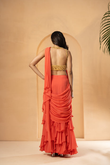 Peach Pre-Stitched Ruffle Saree with Designer Embroidery
