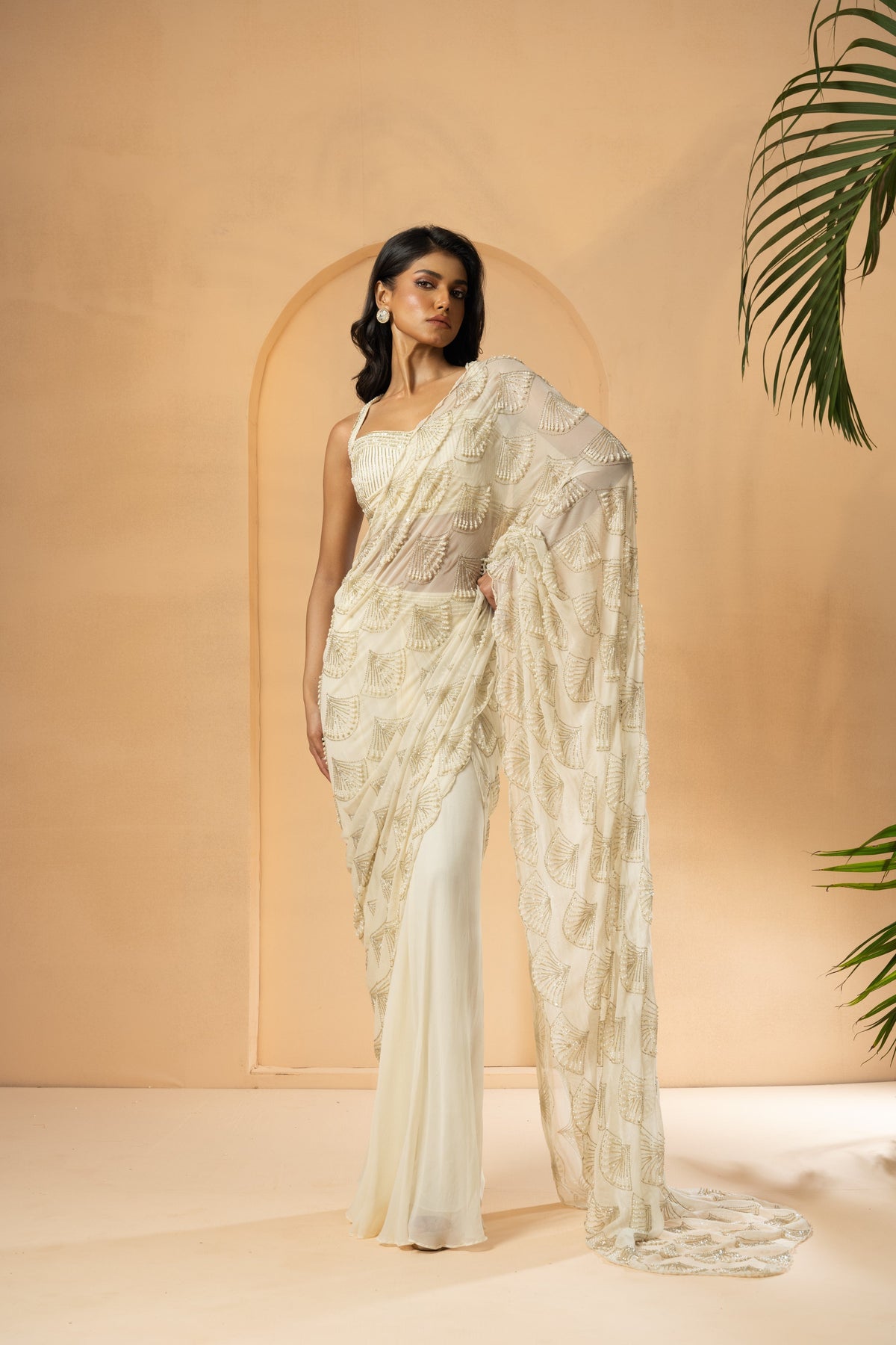 Ivory Embroidered Drape Saree – Perfect for Weddings & Parties