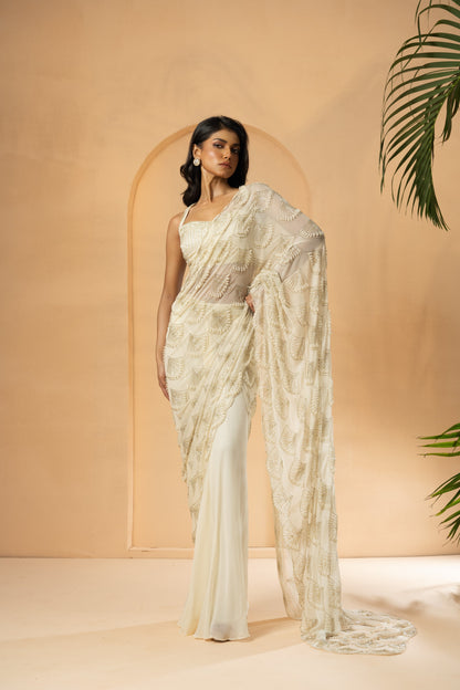 Ivory Embroidered Drape Saree – Perfect for Weddings & Parties