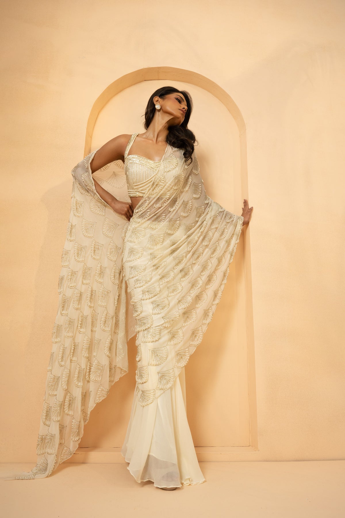 Ivory Embroidered Drape Saree – Perfect for Weddings & Parties