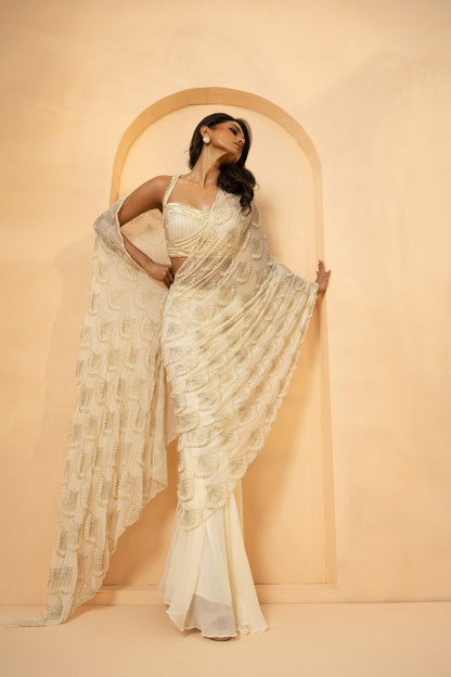 Ivory Embroidered Drape Saree – Perfect for Weddings & Parties