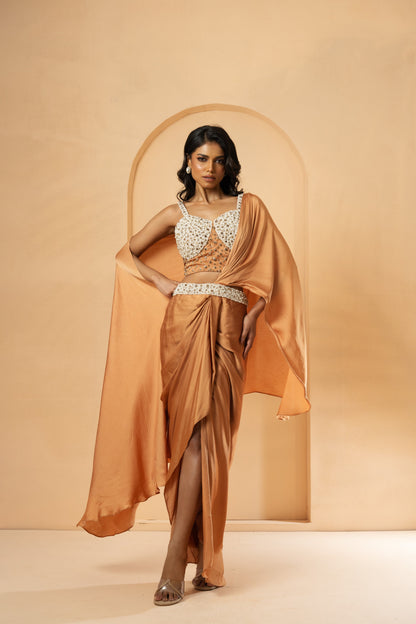Golden Pre-Stitched Corset Drape Saree