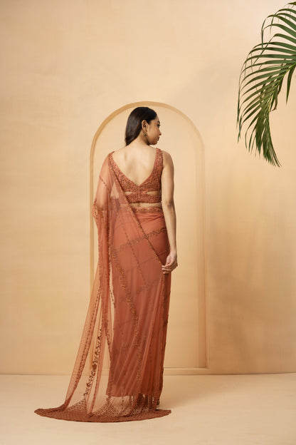 Dust Pink Embroidered Pre-Stitched Drape Saree