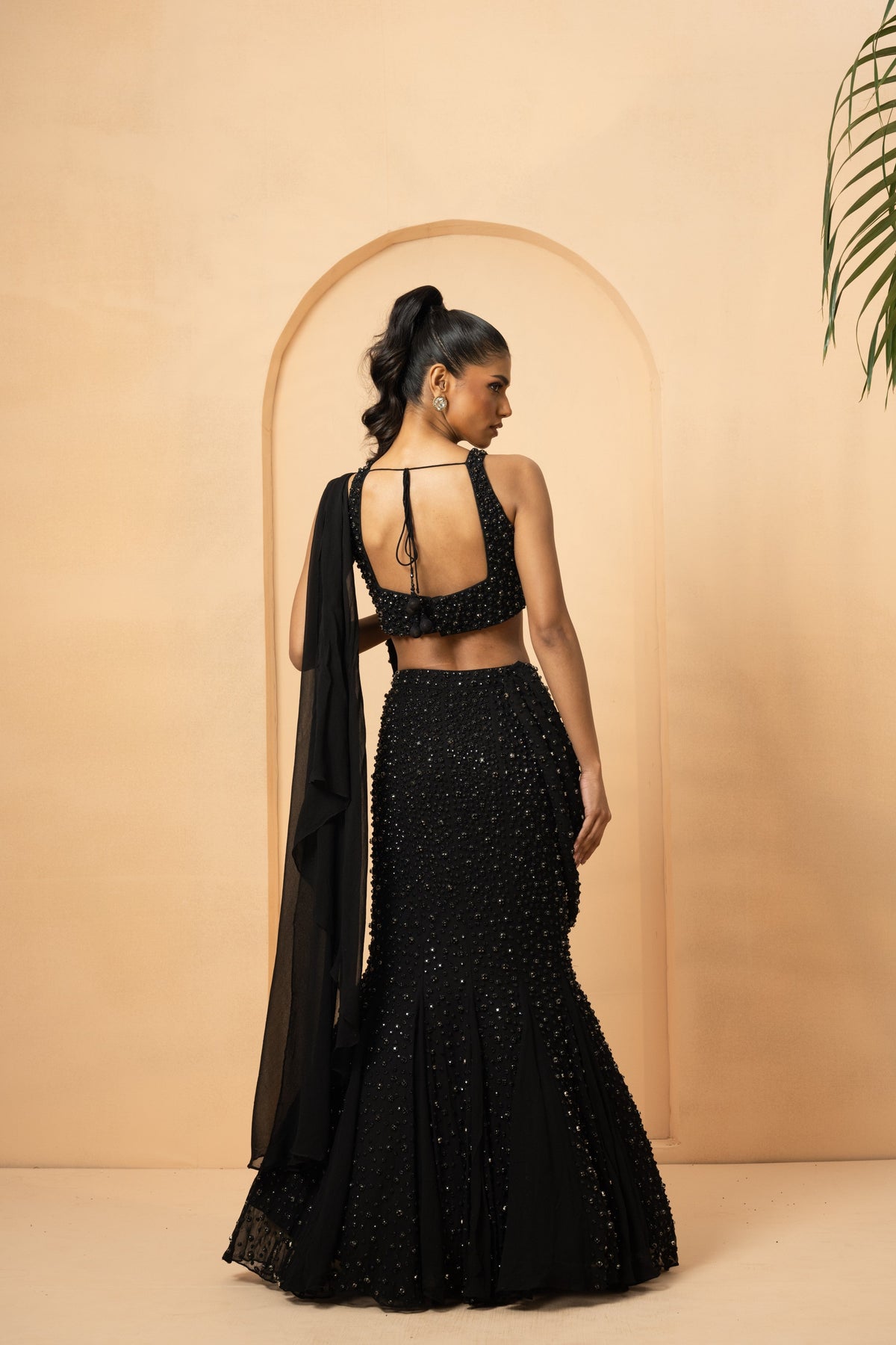 Black Fishtail Lehenga with Twisted Drape Dupatta