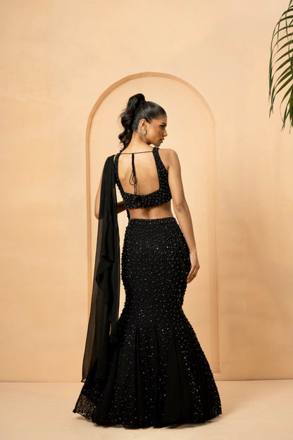 Black Embroidered Fishtail Lehenga with Drape Dupatta