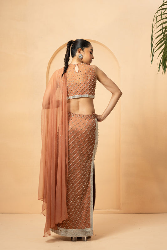 Beige Embroidered Saree with Drape Dupatta