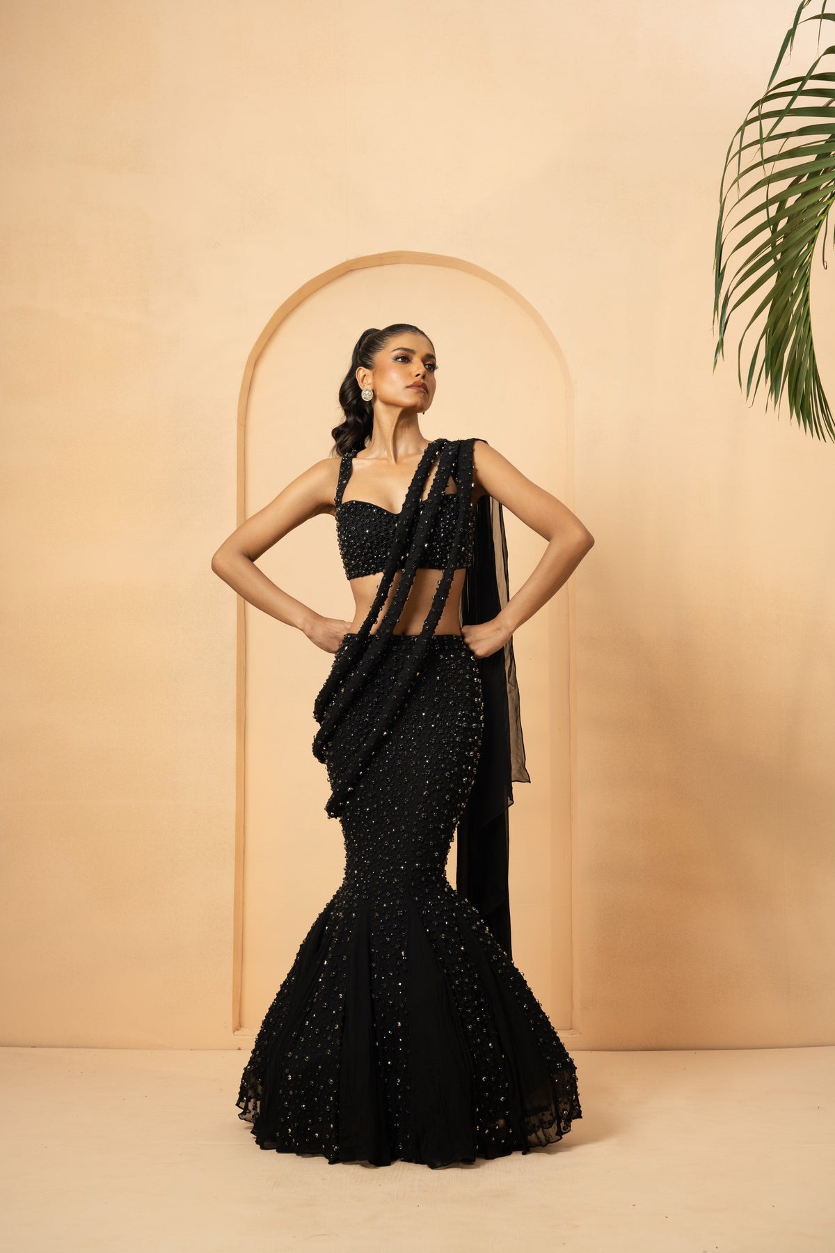 Black Fishtail Lehenga with Twisted Drape Dupatta
