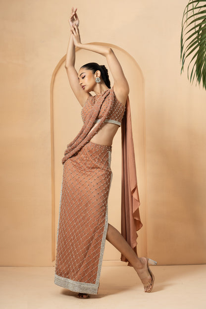 Beige Saree with Twisted Drape Dupatta